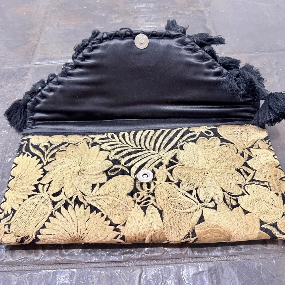 Black & Gold Embroidered Tassel Clutch Boho Statement Envelope Bag